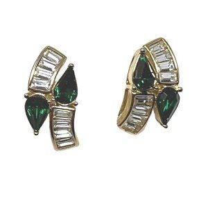Vintage Earrings Green and Clear Glass Stones Pear‎ Baguette Shaped Pierced